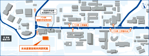 東北大学青葉山キャンパス内のマップ(キャンパス内バス停留所と未来科学技術共同研究センター